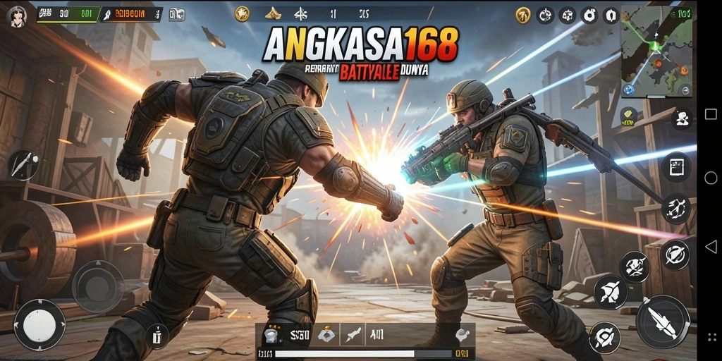 Screenshot ANGKASA168 menampilkan aksi pertempuran seru di medan Battle Royale.