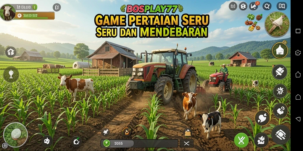 Tampilan menarik dari gameplay BOSPLAY77 dengan ladang hijau dan aktivitas bertani.
