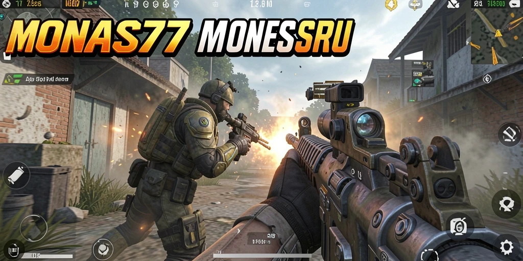 Tampilan menegangkan gameplay MONAS77 dengan pertempuran FPS yang intens.